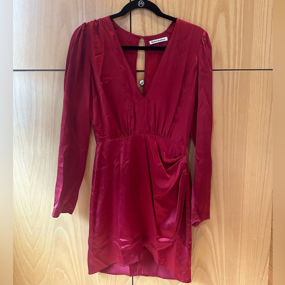Reformation long sleeved red, short dress.